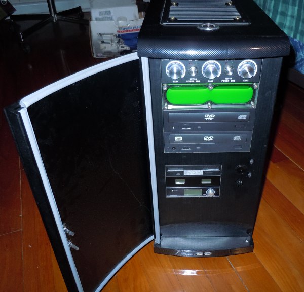 Black Water Cooled Lian Li PC from the front with the door open